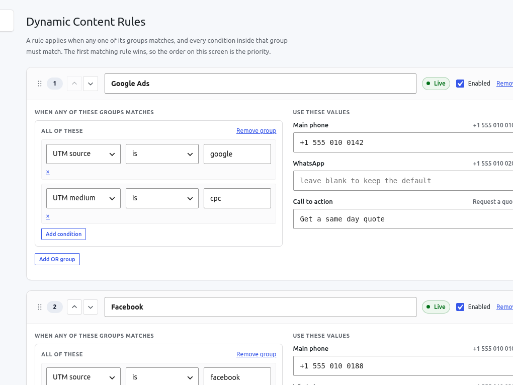 Rules, in priority order. Conditions group with AND inside a group and OR between groups, and the first matching rule wins.