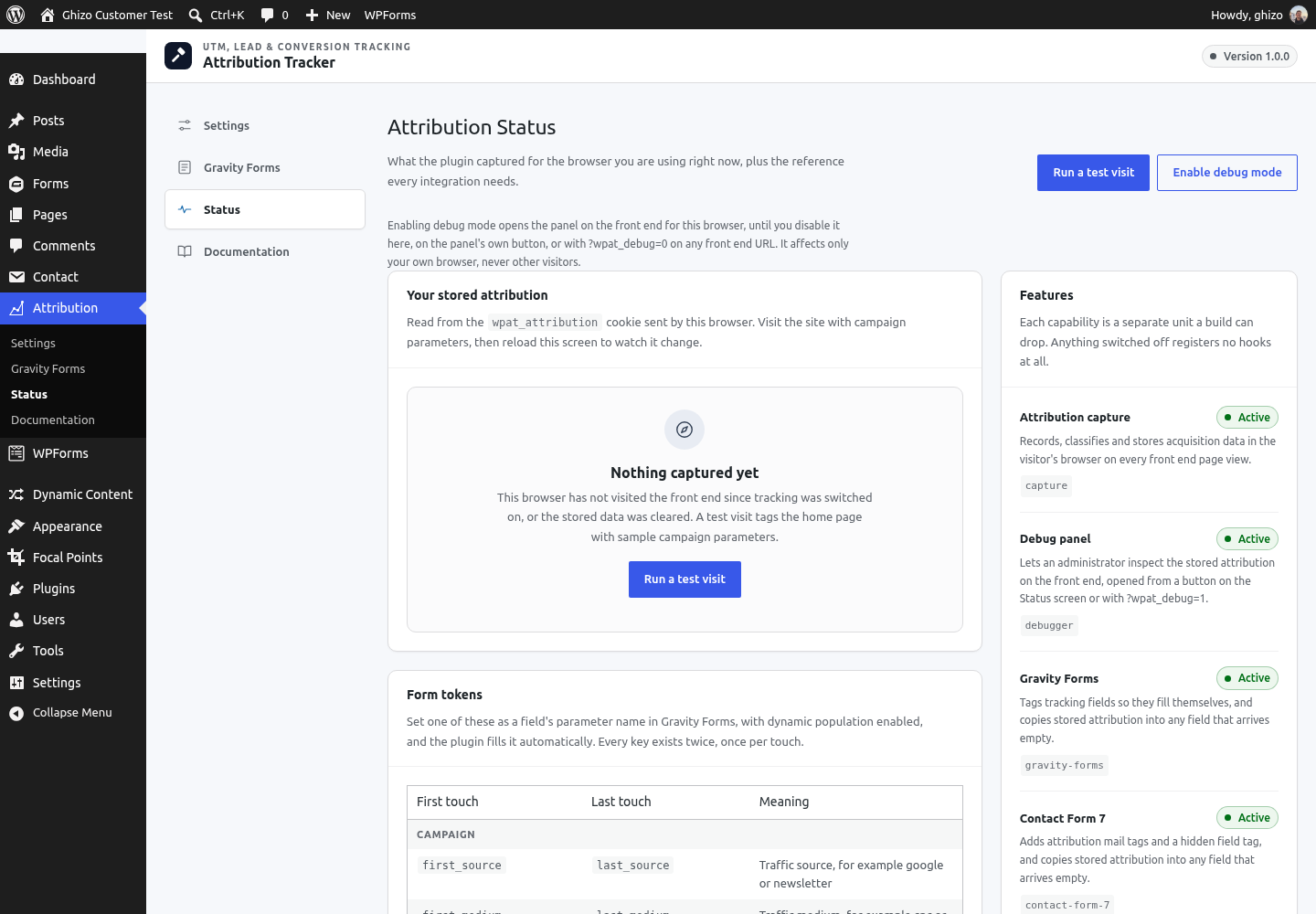 The Status screen: what is running, what this browser has stored, and every token a form can use.