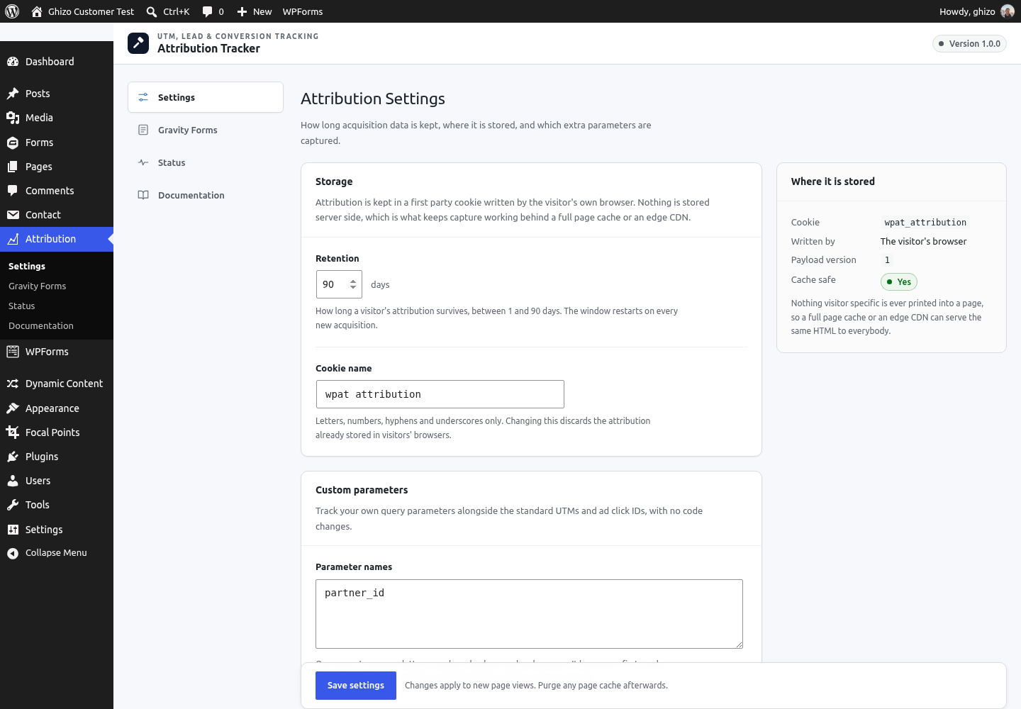 Settings: how long attribution is kept, the cookie name, and any extra parameters you want tracked.