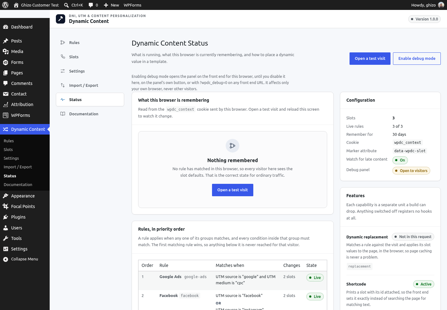 The Status screen: what is live, and how to place a slot in a template or a page.