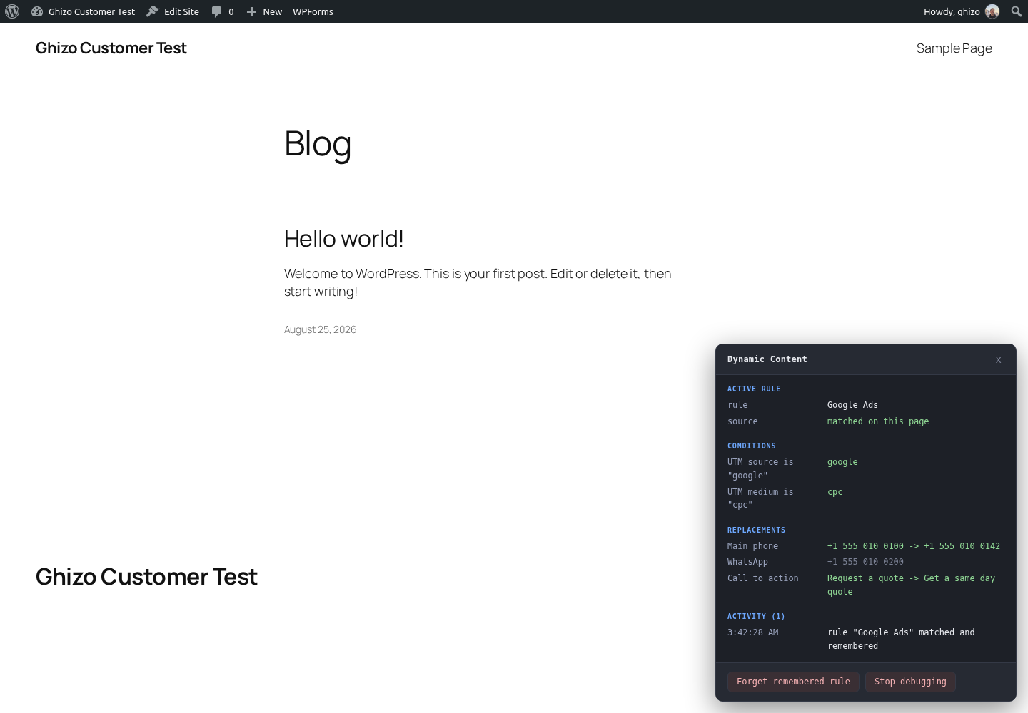 The front end debug panel, naming the rule that matched, the conditions it met, and every value it replaced.