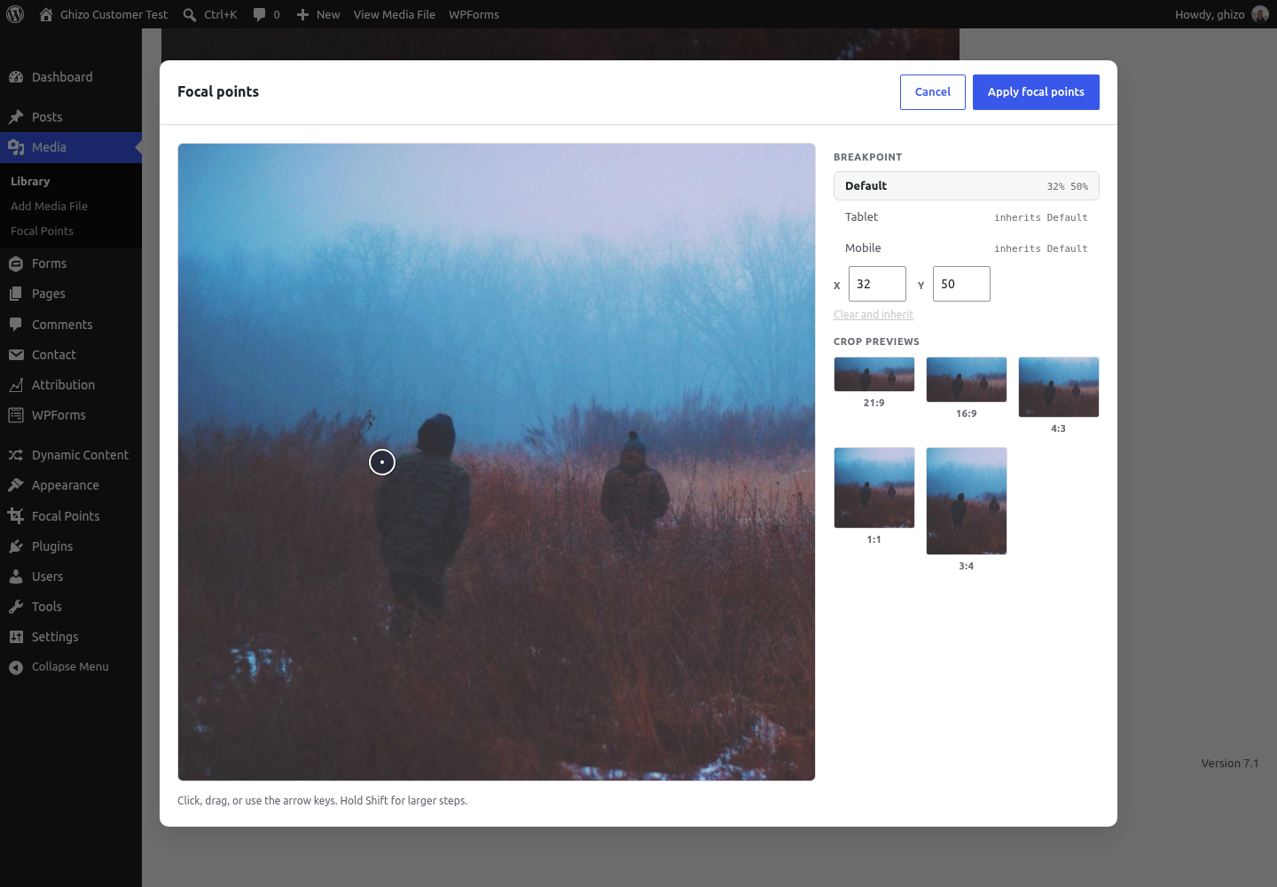 Setting the point in the Media Library, with live previews of the crop at five aspect ratios.
