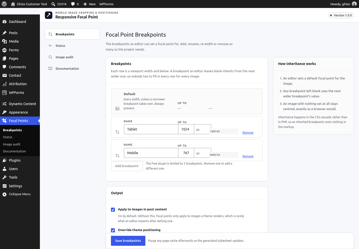 The Breakpoints screen: the widths an editor can set a point for.