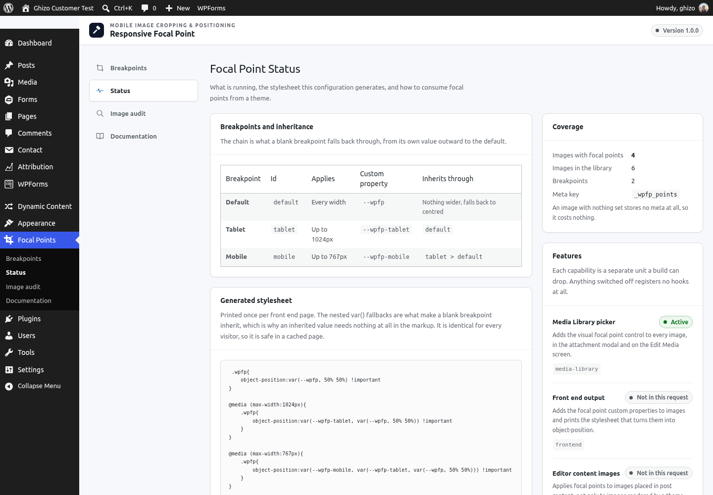 The Status screen: what is active, and how to use the helpers in a template.
